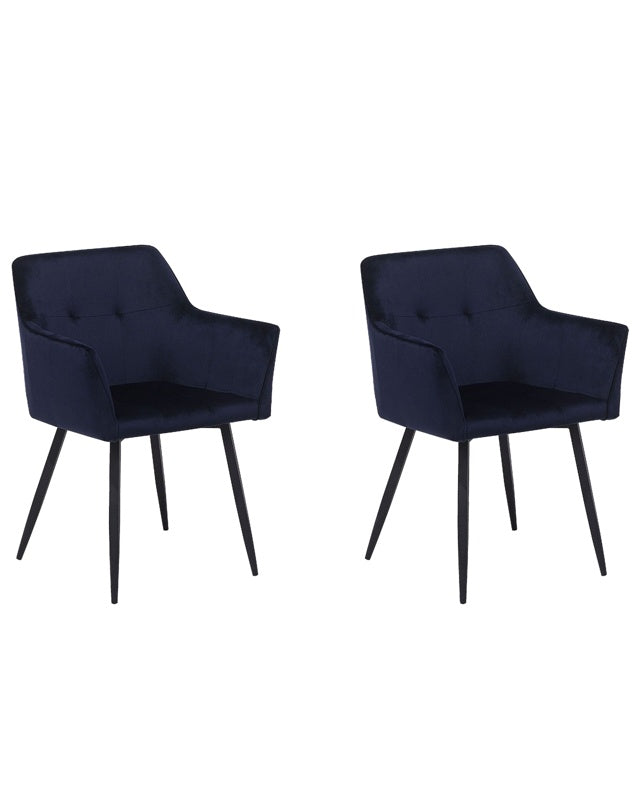 Set of 2 Dining Chairs Dark Blue Velvet Upholstered Seat with Armrests Black Metal Legs Beliani