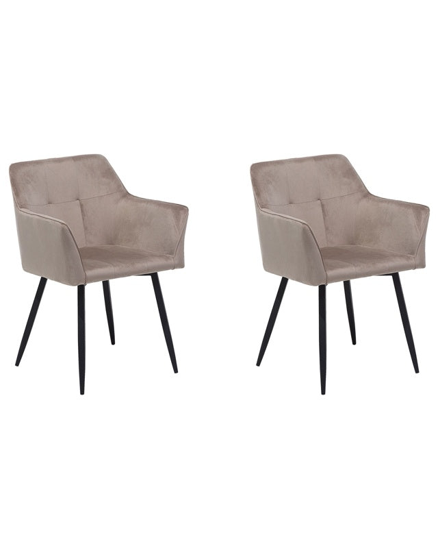 Set of 2 Dining Chairs Taupe Beige Velvet Upholstered Seat with Armrests Black Metal Legs Beliani