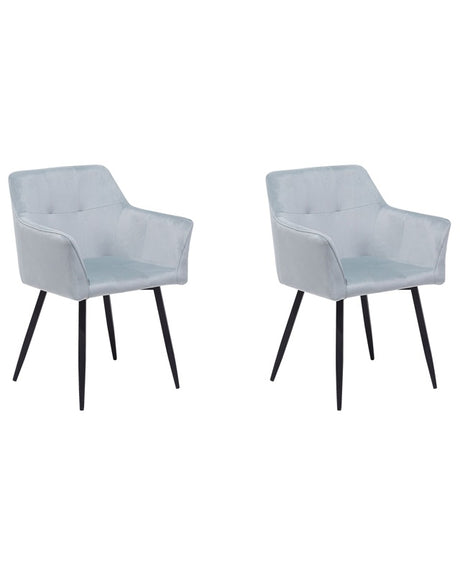 Set of 2 Dining Chairs Grey Velvet Upholstered Seat with Armrests Black Metal Legs Beliani