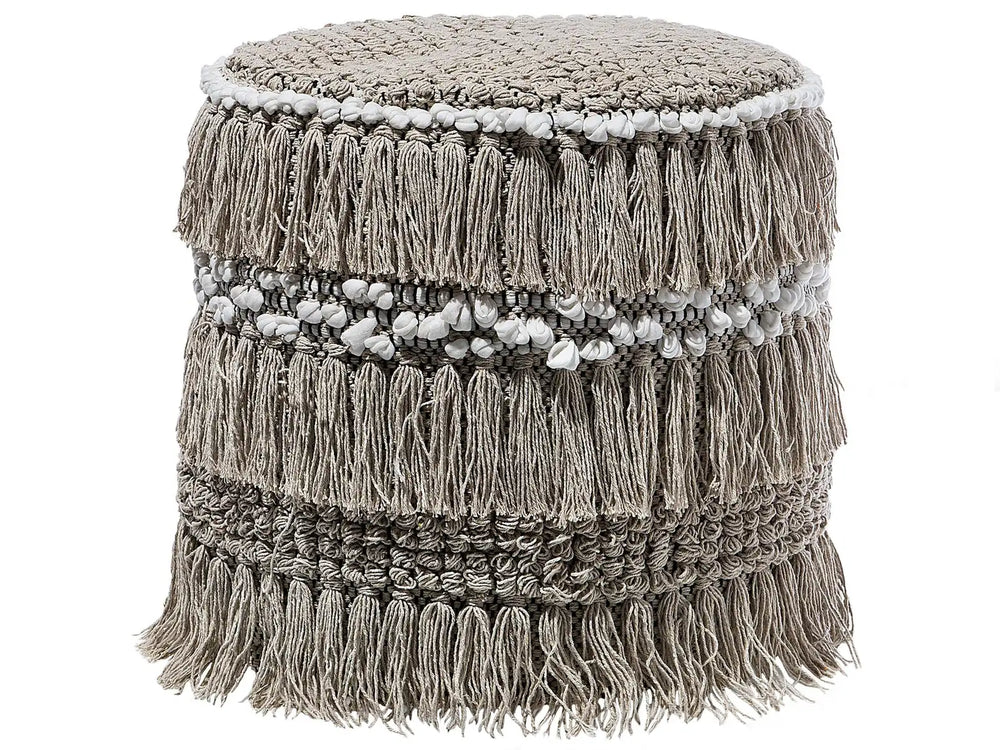Pouffe Beige Cotton Tassels and Knots Decorative Boho Rustic Beliani