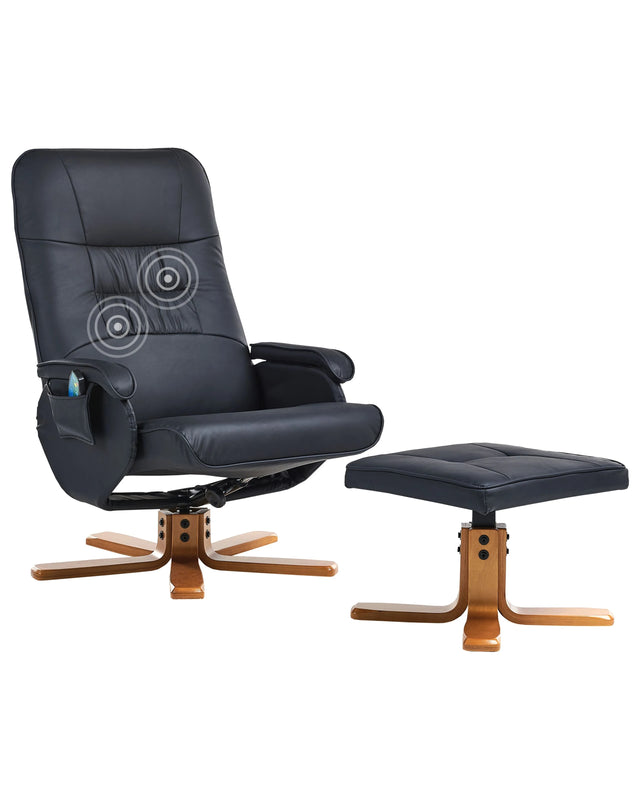 Recliner Armchair Black with Footrest Faux Leather Upholstered Wooden Frame Swivel Adjustable Heating Massage Function Retro Design Beliani