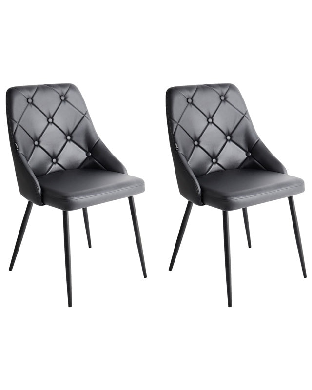 Set of 2 Dining Chairs Black Faux Leather Upholstered Seat Button Tufted Backrest Beliani