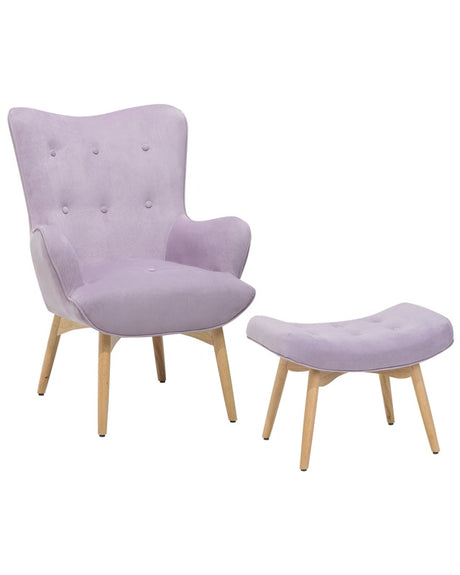 Wingback Chair with Ottoman Violet Velvet Fabric Buttoned Retro Style Beliani