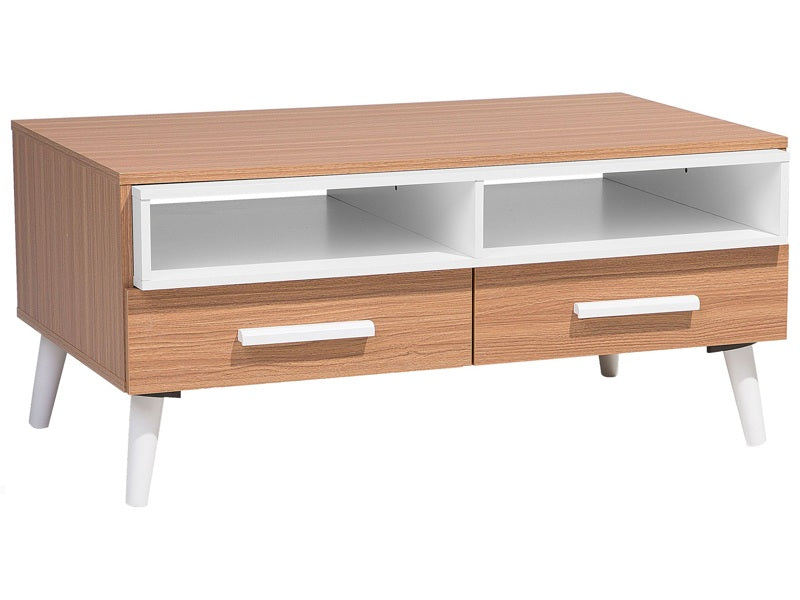 Coffee Table Light Wood with White 2 Drawers Shelves 100 x 60 cm Scandinavian Style Beliani