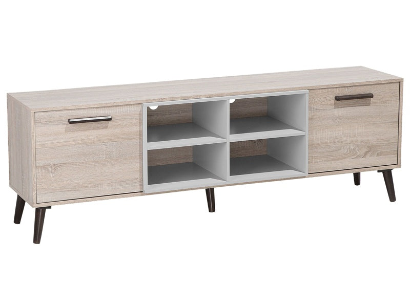 TV Stand Light Wood with Grey for up to 78ʺ TV Media Unit with 2 Cabinets Shelves Beliani