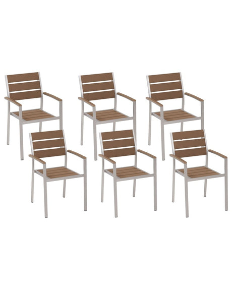 Set of 6 Garden Dining Chairs Light Wood and Silver Plastic Wood Slatted Back Aluminium Frame Outdoor Chairs Set Beliani