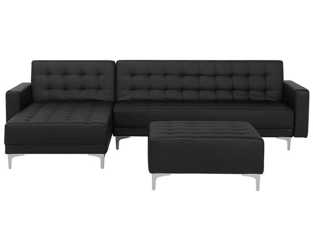 Corner Sofa Bed Black Faux Leather Tufted Modern L-Shaped Modular 4 Seater with Ottoman Right Hand Chaise Longue Beliani