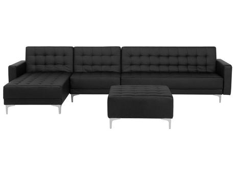 Corner Sofa Bed Black Faux Leather Tufted Modern L-Shaped Modular 5 Seater with Ottoman Right Hand Chaise Longue Beliani