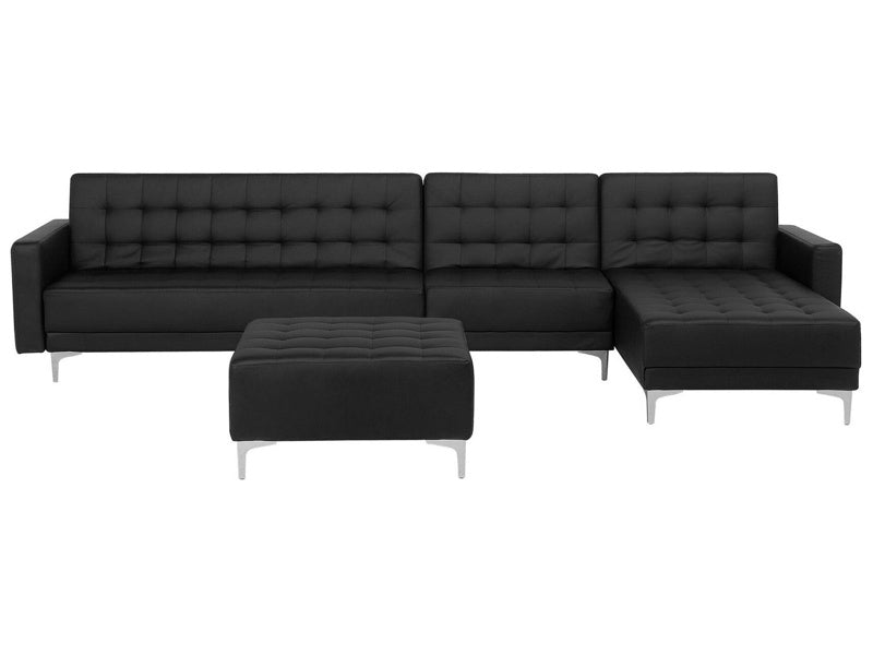 Corner Sofa Bed Black Faux Leather Tufted Modern L-Shaped Modular 5 Seater with Ottoman Left Hand Chaise Longue Beliani