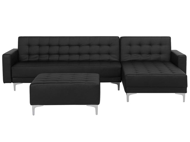 Corner Sofa Bed Black Faux Leather Tufted Modern L-Shaped Modular 4 Seater with Ottoman Left Hand Chaise Longue Beliani