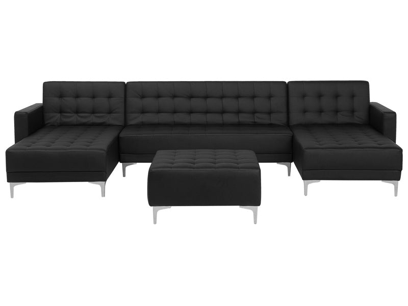 Corner Sofa Bed Black Faux Leather Tufted Modern U-Shaped Modular 5 Seater with Ottoman Chaise Lounges Beliani