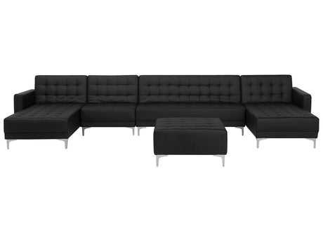 Corner Sofa Bed Black Faux Leather Tufted Modern U-Shaped Modular 6 Seater with Ottoman Chaise Lounges Beliani