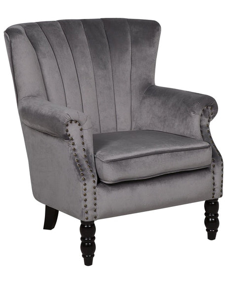 Wingback Chair Grey Velvet Fabric Vintage Retro Style Armchair Scroll Arms Black Wooden Legs Nailhead Trim Beliani