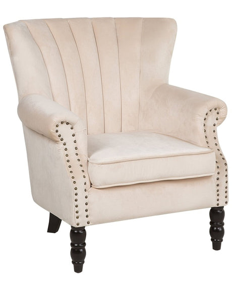 Wingback Chair Beige Velvet Fabric Vintage Retro Style Armchair Scroll Arms Black Wooden Legs Nailhead Trim Beliani