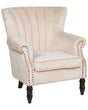 Wingback Chair Beige Velvet Fabric Vintage Retro Style Armchair Scroll Arms Black Wooden Legs Nailhead Trim Beliani