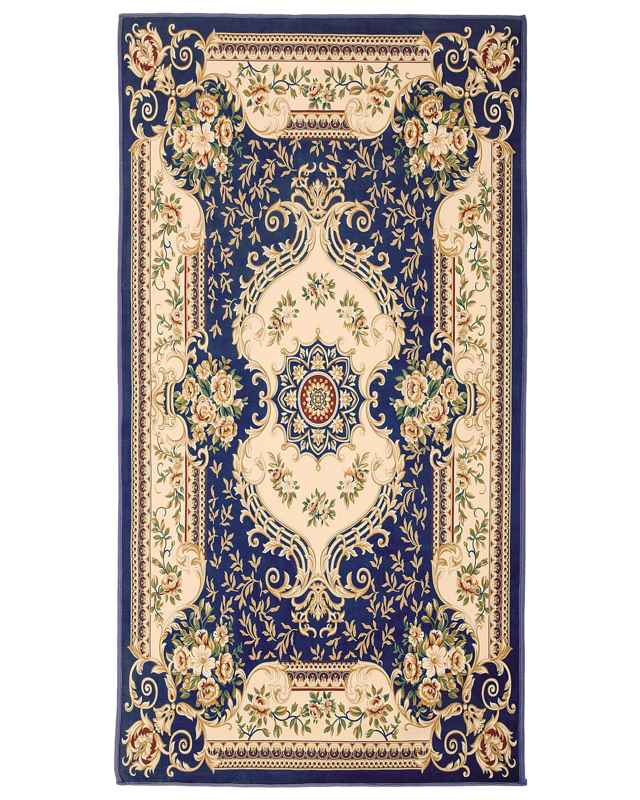 Area Rug Carpet Blue White Polyester Fabric Floral Victorian Pattern Rubber Coated Bottom 80 x 150 cm Beliani