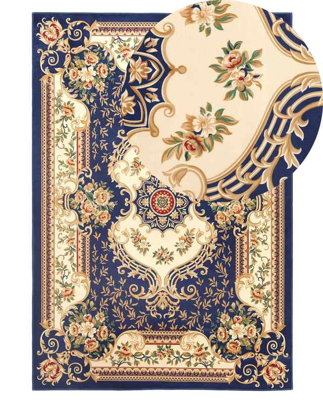 Area Rug Carpet Blue White Polyester Fabric Floral Victorian Pattern Rubber Coated Bottom 140 x 200 cm Beliani