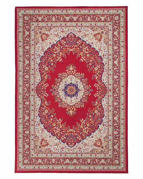 Area Rug Carpet Red Multicolour Polyester Fabric Floral Oriental Pattern Rubber Coated Bottom 140 x 200 cm Beliani