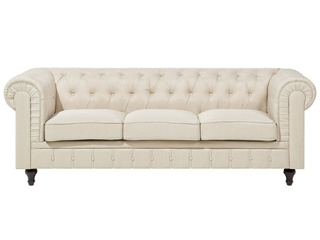 Chesterfield Sofa Beige Fabric Upholstery Dark Wood Legs 3 Seater Contemporary Beliani