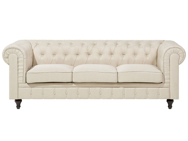 Chesterfield Sofa Beige Fabric Upholstery Dark Wood Legs 3 Seater Contemporary Beliani