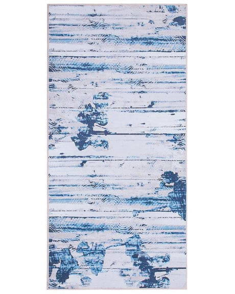 Area Rug Carpet Beige and Blue Polyester Fabric Abstract Distressed Pattern Rubber Coated Bottom 80 x 150 cm Beliani