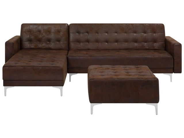 Corner Sofa Bed Brown Faux Leather Tufted Modern L-Shaped Modular 4 Seater with Ottoman Right Hand Chaise Longue Beliani