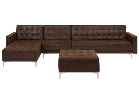 Corner Sofa Bed Brown Faux Leather Tufted Modern L-Shaped Modular 4 Seater with Ottoman Right Hand Chaise Longue Beliani