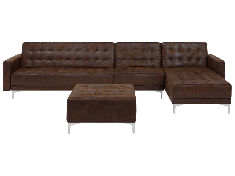 Corner Sofa Bed Brown Faux Leather Tufted Modern L-Shaped Modular 5 Seater with Ottoman Left Hand Chaise Longue Beliani