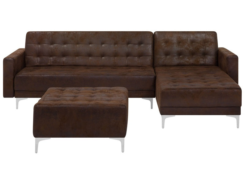 Corner Sofa Bed Brown Faux Leather Tufted Modern L-Shaped Modular 4 Seater with Ottoman Left Hand Chaise Longue Beliani