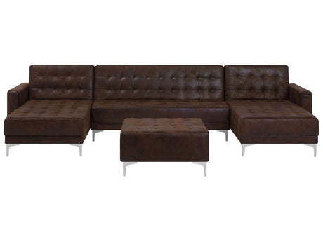 Corner Sofa Bed Brown Faux Leather Tufted Modern U-Shaped Modular 5 Seater with Ottoman Chaise Lounges Beliani