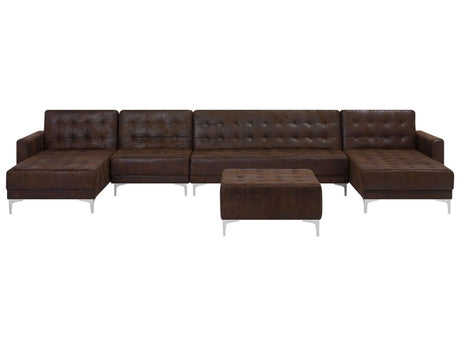 Corner Sofa Bed Brown Faux Leather Tufted Modern U-Shaped Modular 6 Seater with Ottoman Chaise Lounges Beliani