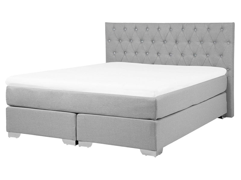 EU King Divan Bed Grey Fabric Upholstered 5ft3 Frame with Mattress and Button Tufted Headrest Beliani