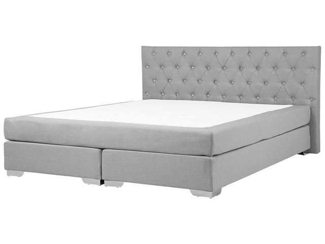 EU Super King Divan Bed Grey Fabric Upholstered 6ft Frame with Mattress and Button Tufted Headrest Beliani