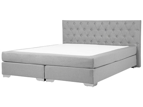EU Super King Divan Bed Grey Fabric Upholstered 6ft Frame with Mattress and Button Tufted Headrest Beliani