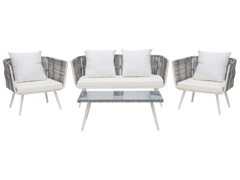 Garden Conversation Set White PE Rattan Outdoor 4 Seater with Coffee Table Cushions Beliani