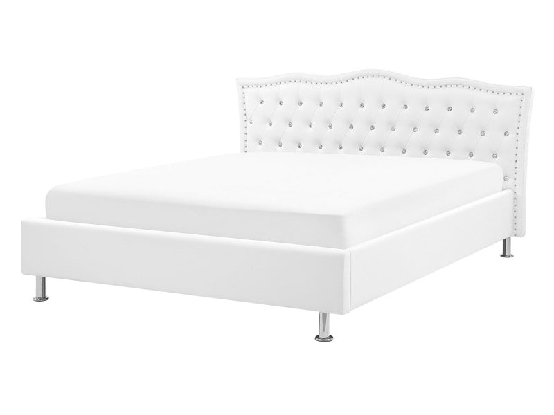 EU Double Bed White Faux Leather 4ft6 Upholstered Frame Nailhead Trim Crystal Buttons Headrest Beliani