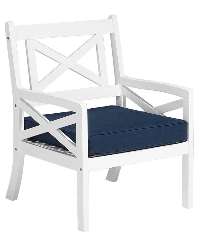 Garden Chair White Acacia Wood with Blue Seat Cushion Coastal Beliani