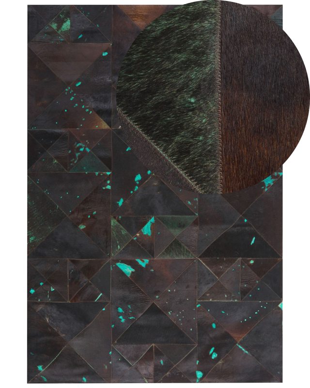 Rug Brown and Blue Cowhide Leather 230 x 160 cm Abstract Handcrafted Low Pile Modern Beliani