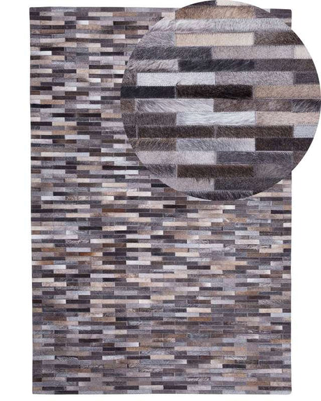 Rug Brown and Grey Cowhide Leather 200 x 140 cm Handcrafted Low Pile Modern Beliani