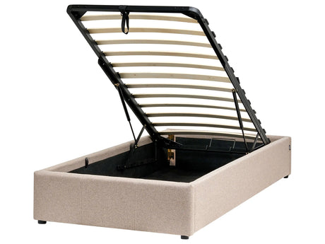 Slatted Bed Frame Light Brown Polyester Fabric Upholstered Ottoman Storage 3ft EU Single Size Modern Design Beliani