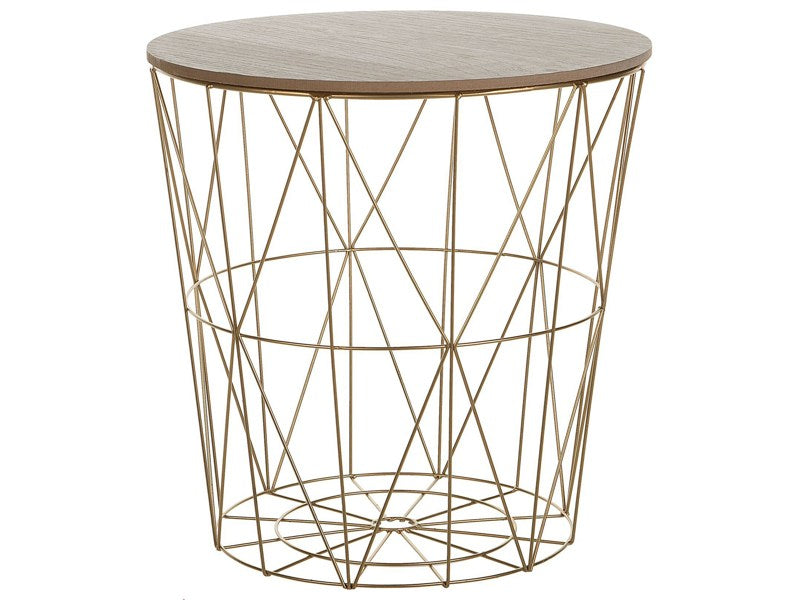 Side Table Light Wood Removable Top Gold Metal ø 40 cm Storage Wire Basket Geometric Glam Beliani