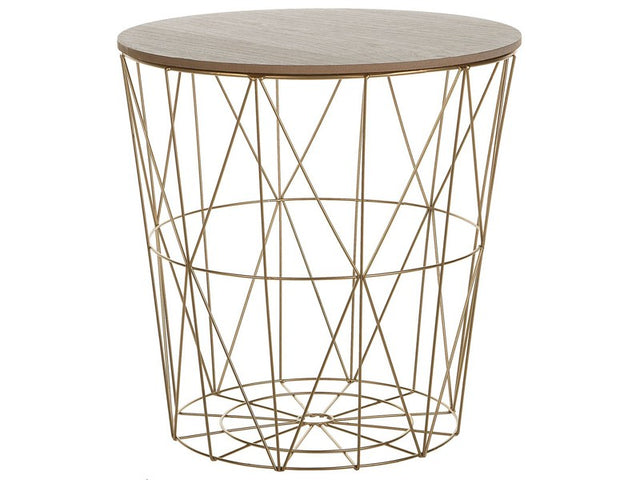 Side Table Light Wood Removable Top Gold Metal ø 40 cm Storage Wire Basket Geometric Glam Beliani