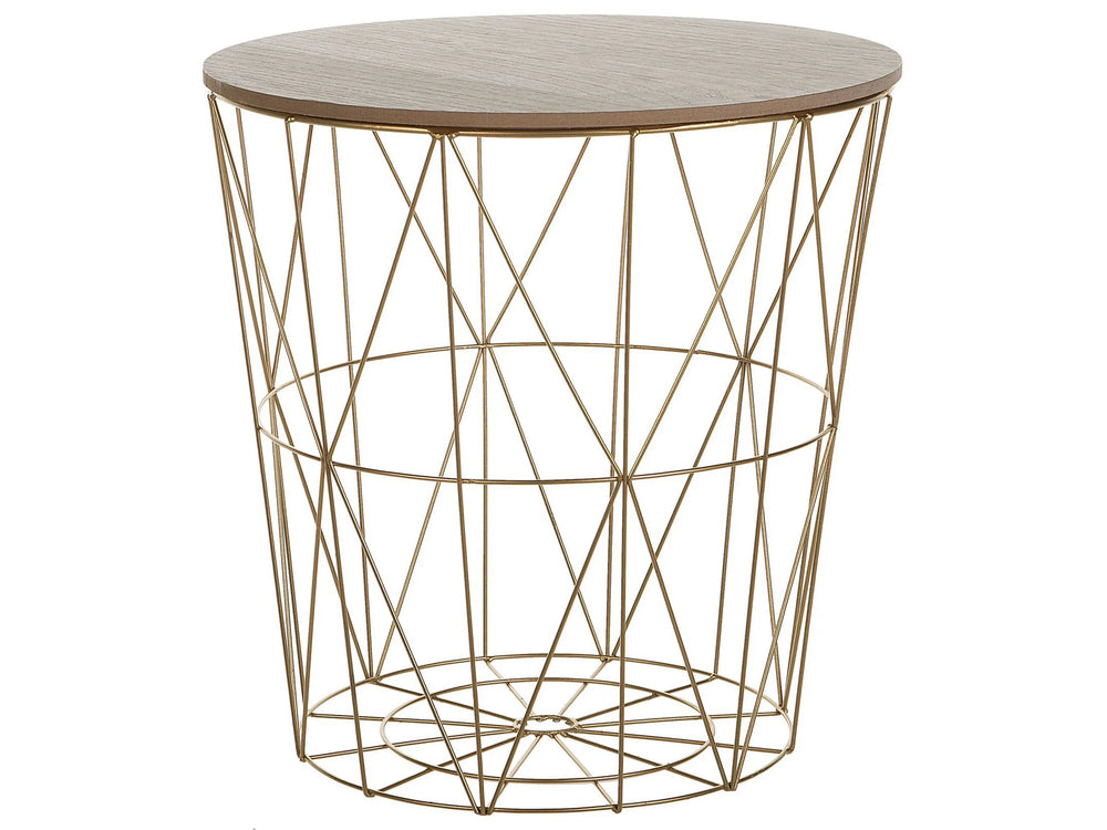 Side Table Light Wood Removable Top Gold Metal  40 cm Storage Wire Basket Geometric Glam Beliani