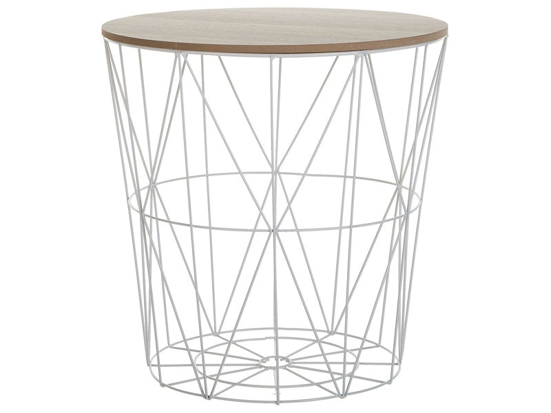 Side Table Light Wood Removable Top White Metal ø 40 cm Storage Wire Basket Geometric Glam Beliani