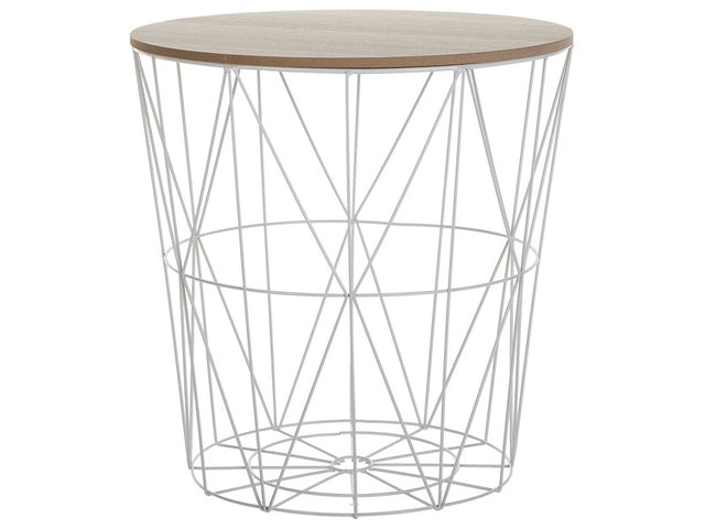 Side Table Light Wood Removable Top White Metal ø 40 cm Storage Wire Basket Geometric Glam Beliani