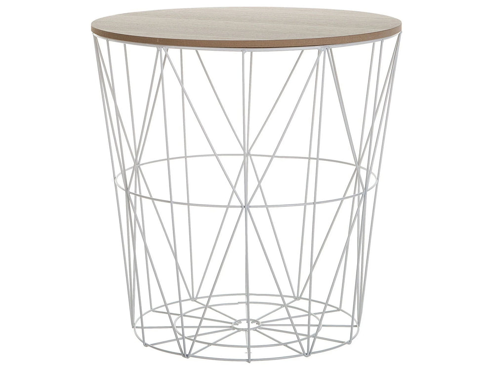 Side Table Light Wood Removable Top White Metal  40 cm Storage Wire Basket Geometric Glam Beliani