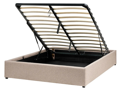 Slatted Bed Frame Light Brown Polyester Fabric Upholstered Ottoman Storage 4ft6 EU Double Size Modern Design Beliani