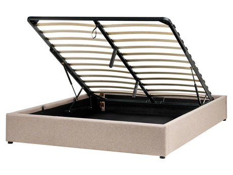 Slatted Bed Frame Light Brown Polyester Fabric Upholstered Ottoman Storage 5ft3 EU King Size Modern Design Beliani