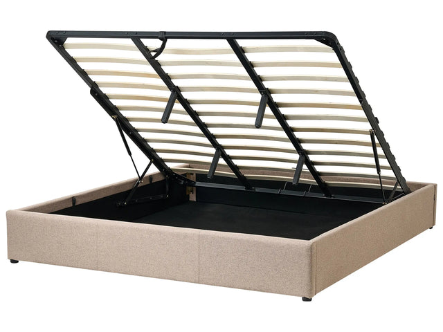 Slatted Bed Frame Light Brown Polyester Fabric Upholstered Ottoman Storage 6ft EU Super King Size Modern Design Beliani