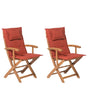 Set of 2 Garden Dining Chairs Light Wood with Red Cushion Acacia Wood Frame Folding Rustic Design Beliani